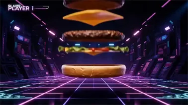 Burger vs Unicorn Battle A cinematic arcade battle rendered in Seedance 2.0 featuring a massive sentient cheeseburger boss fighting a majestic rainbow unicorn.