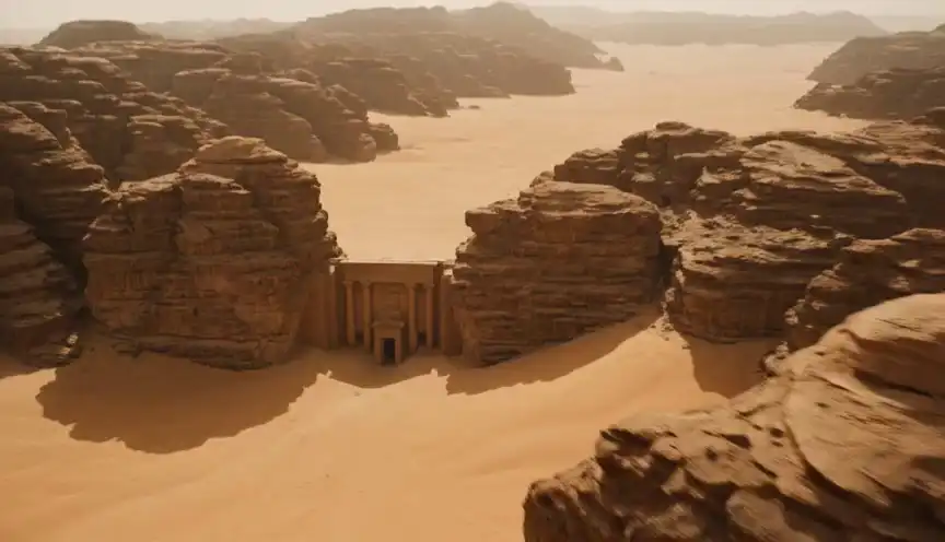 An explorer approaches an ancient temple beneath a desert canyon as monumental doors reveal a sunlit chamber filled with dust and carved stone.