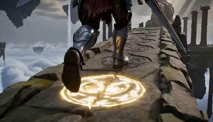 An armored fantasy warrior crosses a broken bridge among floating sky temples as glowing runes and a stone guardian activate.