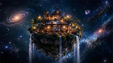 Mini Planet Cafe A breathtaking cinematic fantasy scene created in Seedance 2.0, showing a luxury café built on a tiny floating planet drifting through a glowing nebula.