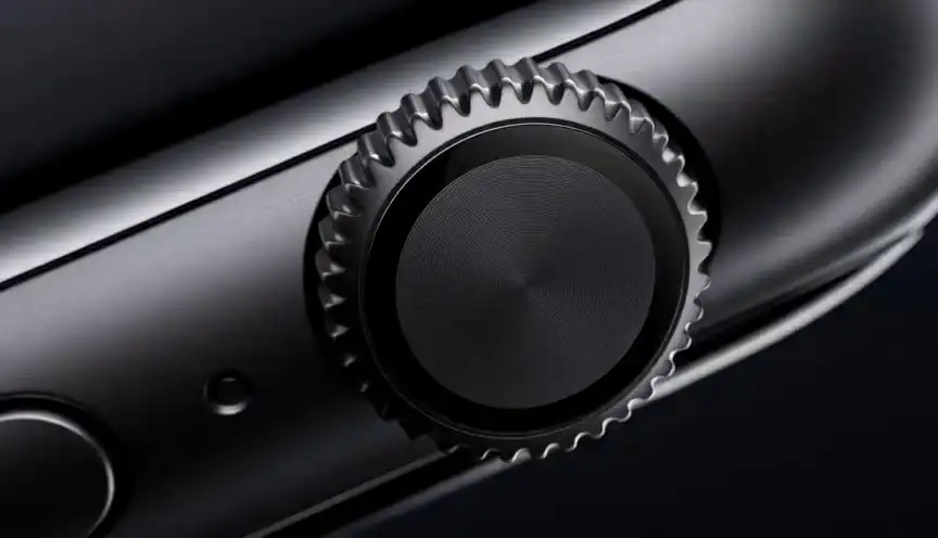 A modern black smartwatch rotates above a reflective surface while macro shots reveal its metal case, crown, glass, and textured wristband.